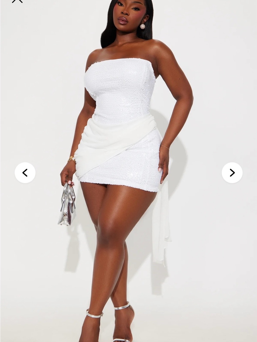 Fashion Nova White Strapless Sequin Mini Dress with Draped Sash